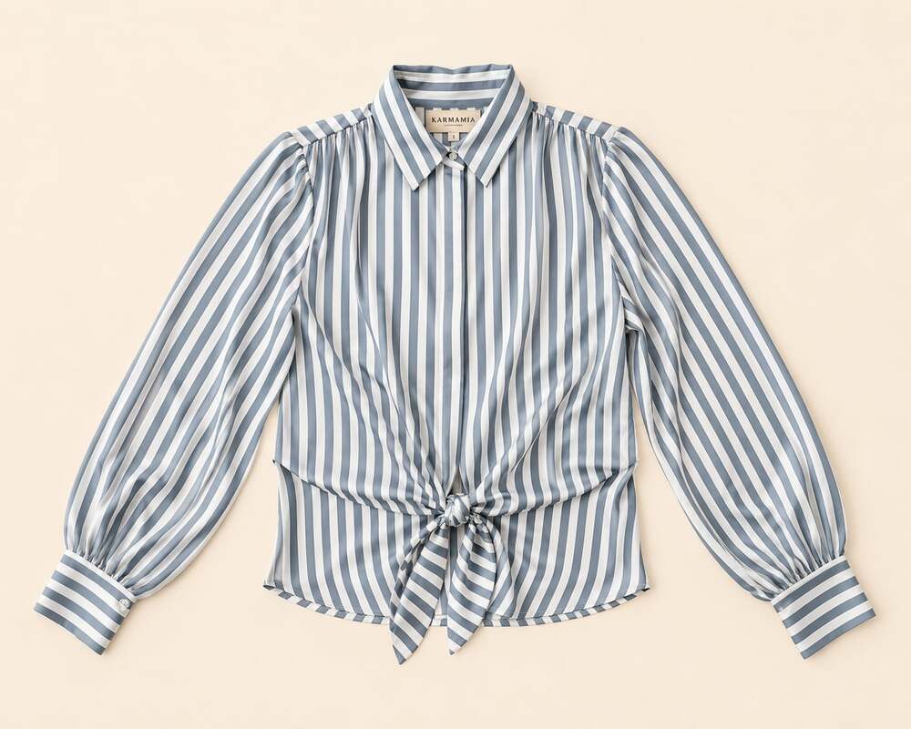 Karmamia Copenhagen Blue Stripe Tie Front Blouse Balloon Sleeve S